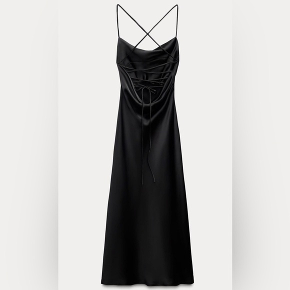 Zara Black Satin Effect Draped Midi Dress M - Picture 3 of 5